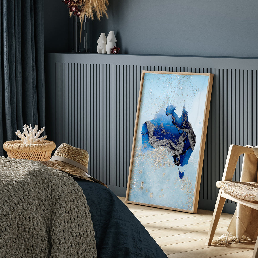 Australia Map Shades of Blue & Silver Wall Art Print