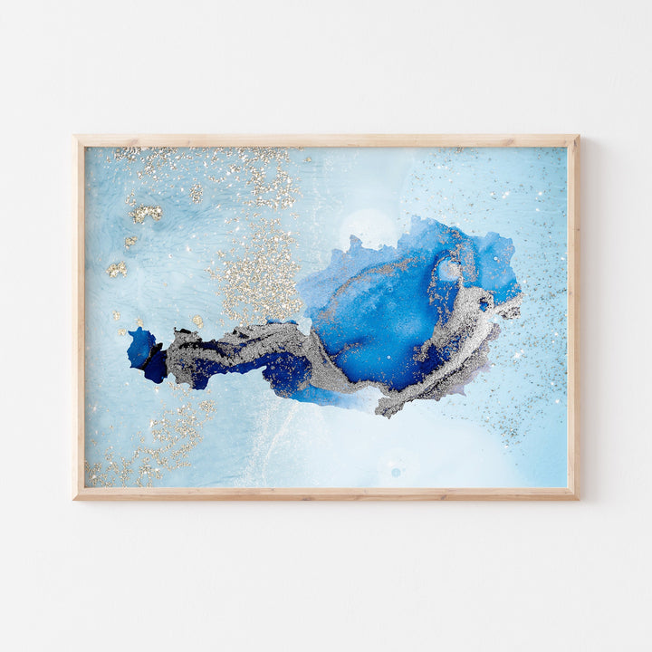 Austria Map Shades of Blue & Silver Wall Art Print