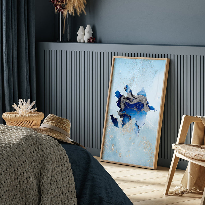 Azerbaijan Map Shades of Blue & Silver Wall Art Print