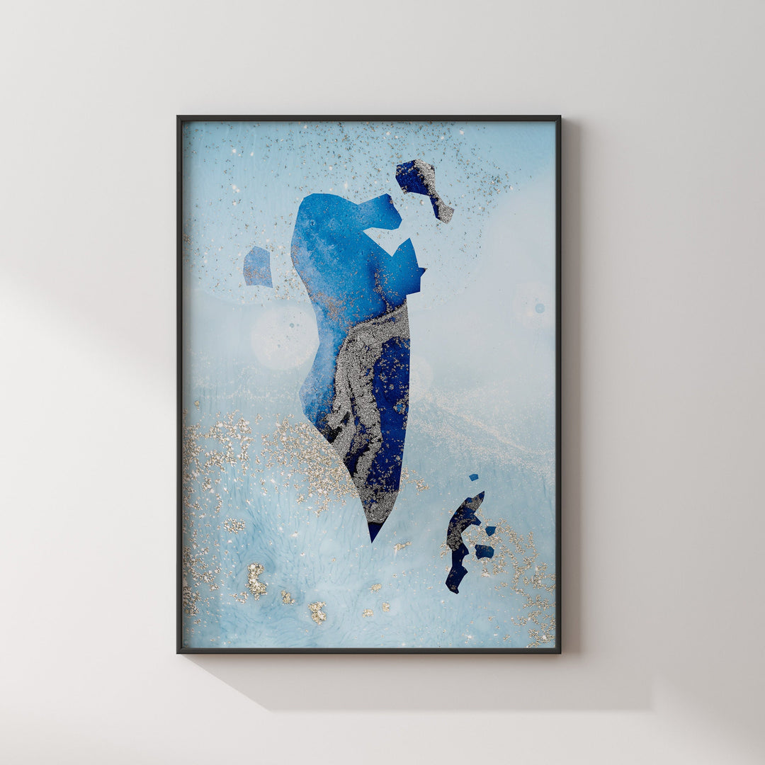 Bahrain Map Shades of Blue & Silver Wall Art Print