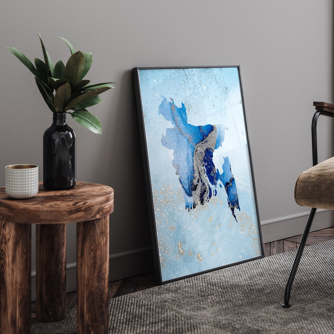 Bangladesh Map Shades of Blue & Silver Wall Art Print