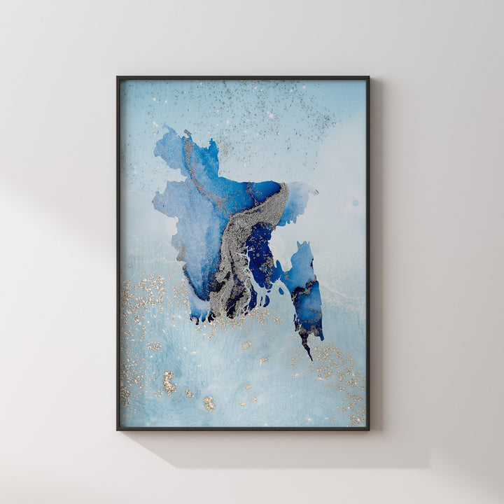 Bangladesh Map Shades of Blue & Silver Wall Art Print