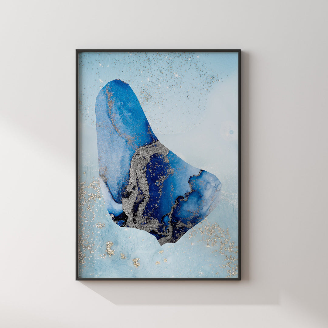 Barbados Map Shades of Blue & Silver Wall Art Print