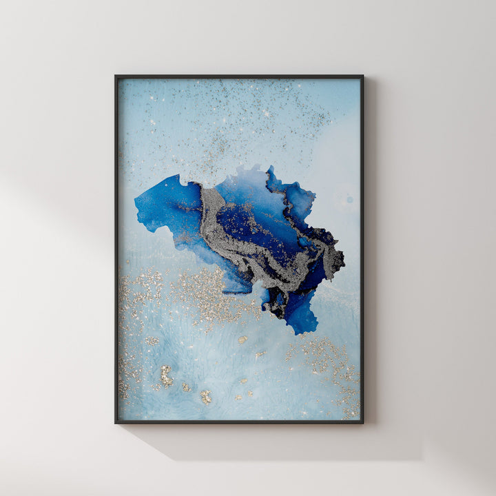 Belgium Map Shades of Blue & Silver Wall Art Print