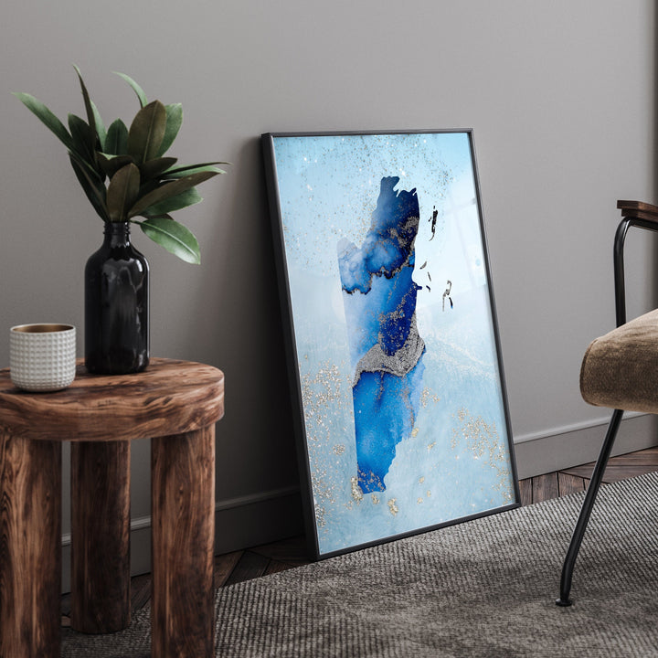 Belize Map Shades of Blue & Silver Wall Art Print