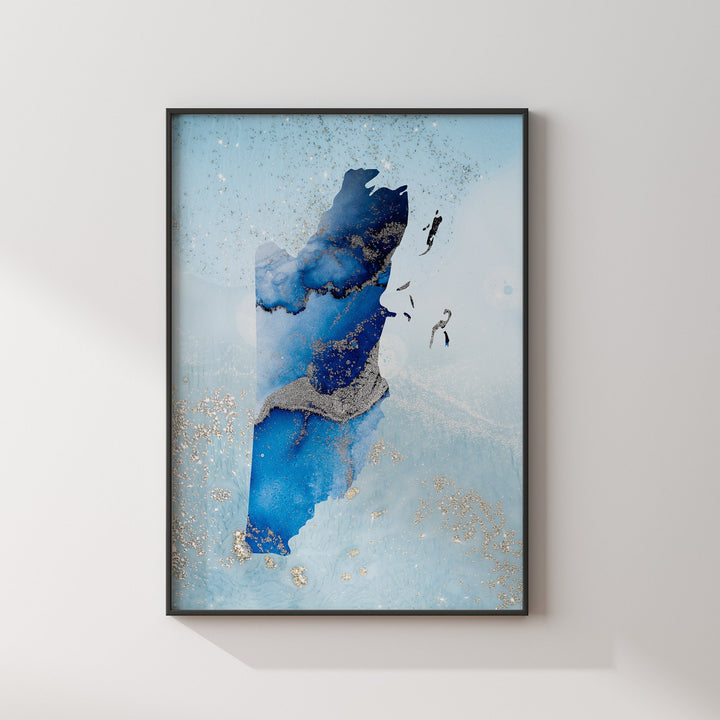 Belize Map Shades of Blue & Silver Wall Art Print