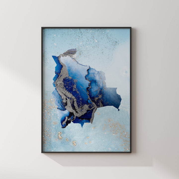 Bolivia Map Shades of Blue & Silver Wall Art Print