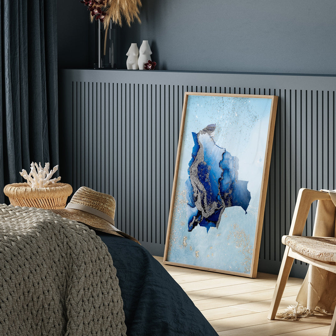 Bolivia Map Shades of Blue & Silver Wall Art Print