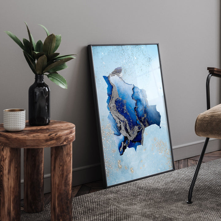 Bolivia Map Shades of Blue & Silver Wall Art Print