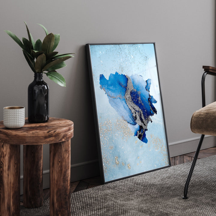 Bosnia and Herzegovina Map Shades of Blue & Silver Wall Art Print