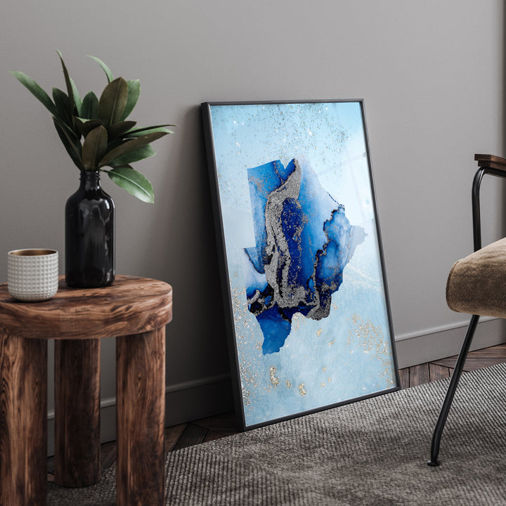 Botswana Map Shades of Blue & Silver Wall Art Print