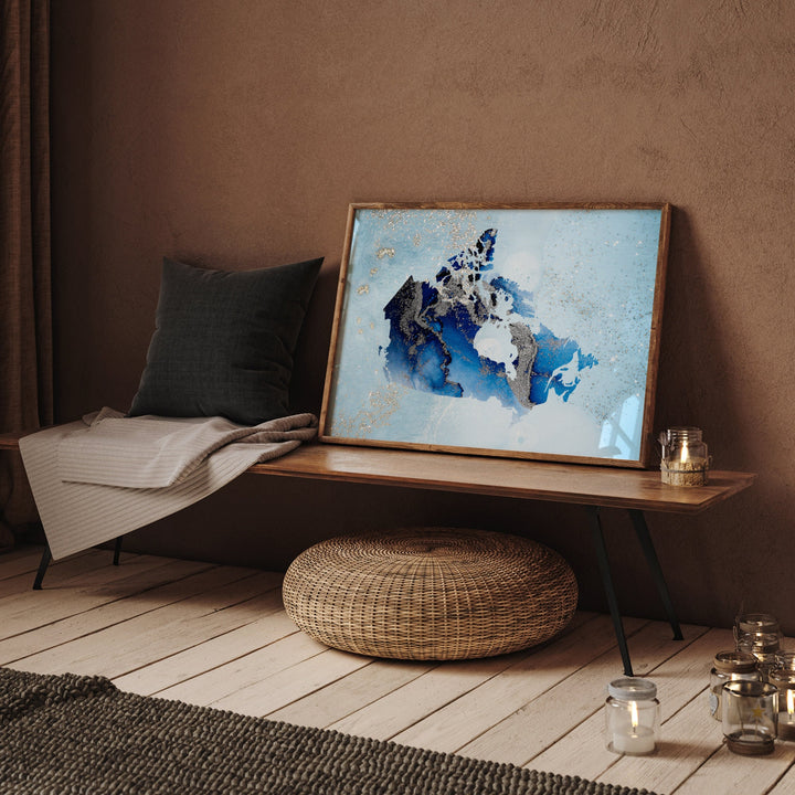 Canada Map Shades of Blue & Silver Wall Art Print