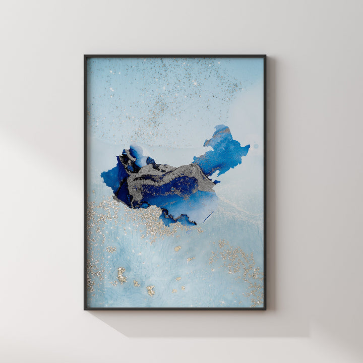 China Map Shades of Blue & Silver Wall Art Print