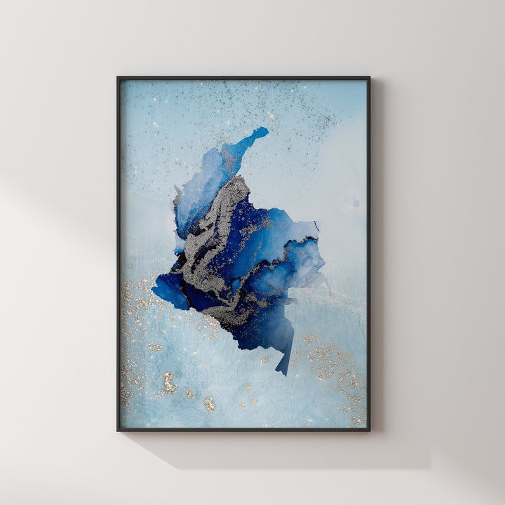 Colombia Map Shades of Blue & Silver Wall Art Print