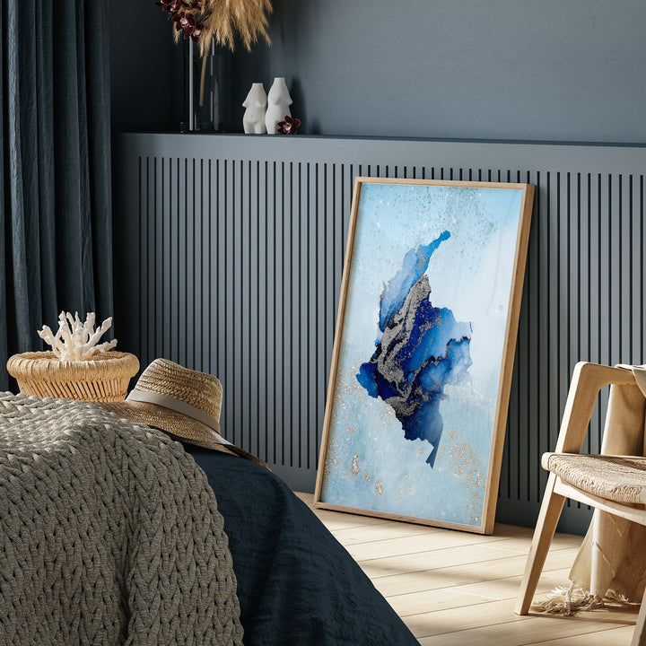 Colombia Map Shades of Blue & Silver Wall Art Print