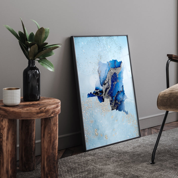 Congo Map Shades of Blue & Silver Wall Art Print