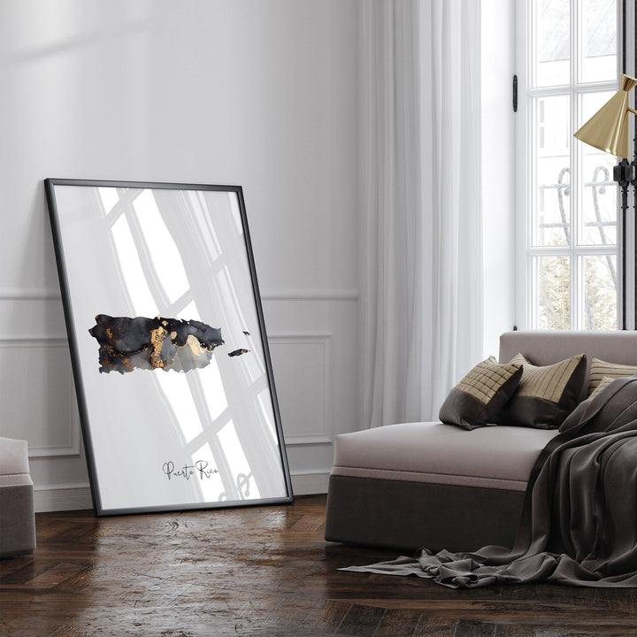 Puerto Rico Map Black & Gold Wall Art Print [EV]