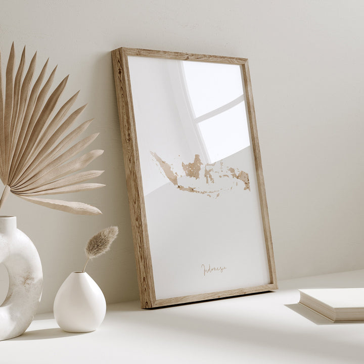 Indonesia Map Beige & Gold Wall Art Print