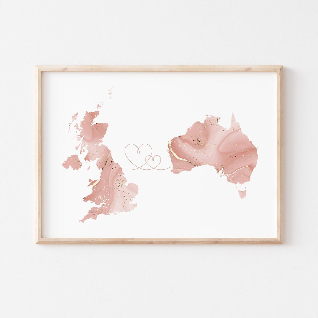 Custom Any Two Countries Map Pink & Gold Travel Wall Art Print