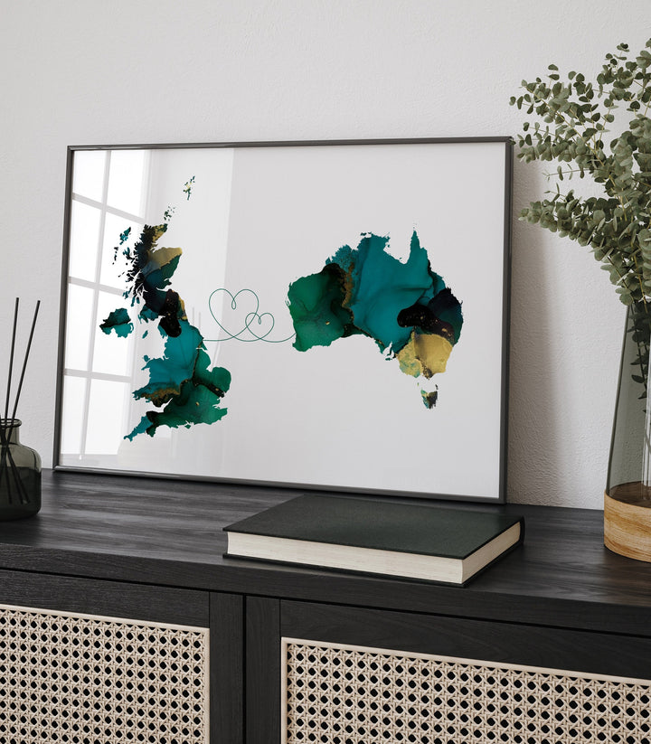 Custom Any Two Countries Map Green & Gold Travel Wall Art Print (Not Possible to Deliver For Christmas)