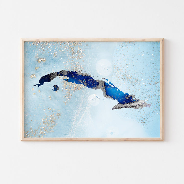 Cuba Map Shades of Blue & Silver Wall Art Print