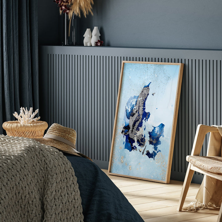 Denmark Map Shades of Blue & Silver Wall Art Print