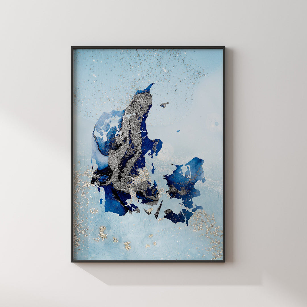 Denmark Map Shades of Blue & Silver Wall Art Print