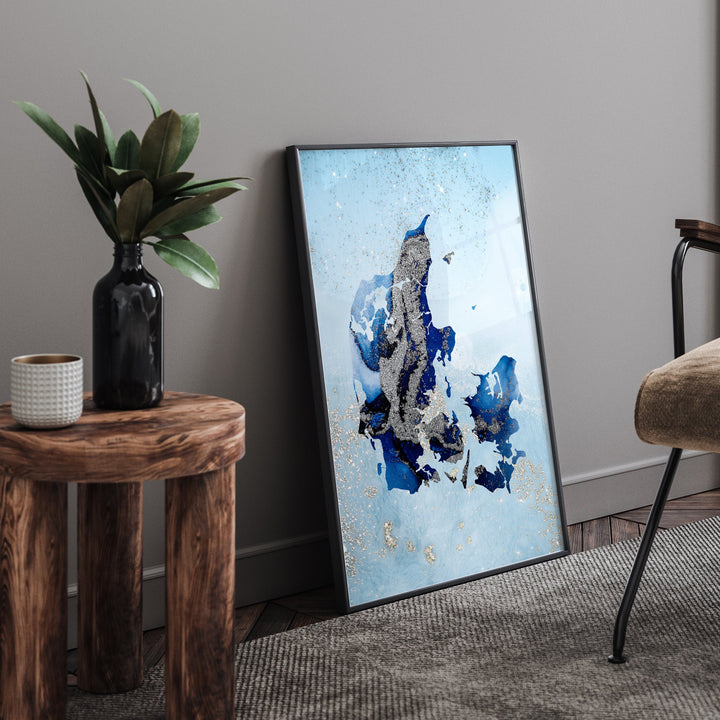 Denmark Map Shades of Blue & Silver Wall Art Print