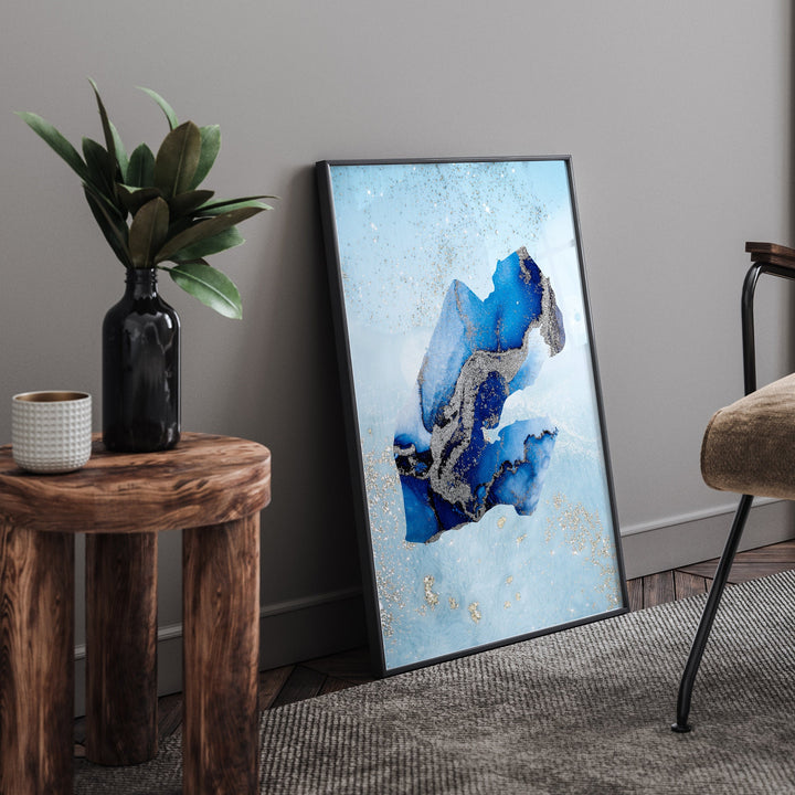 Djibouti Map Shades of Blue & Silver Wall Art Print