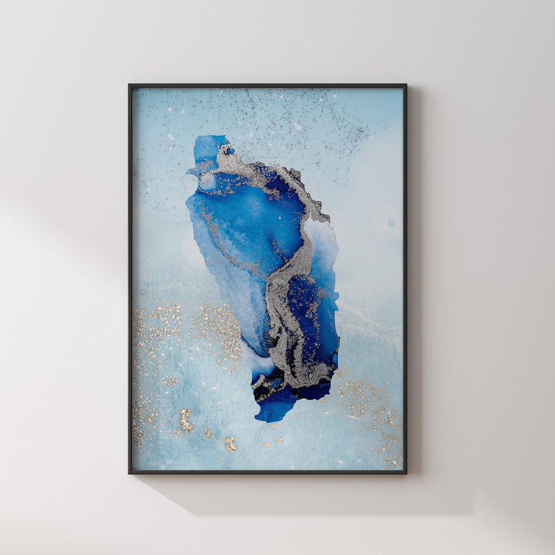 Dominica Map Shades of Blue & Silver Wall Art Print