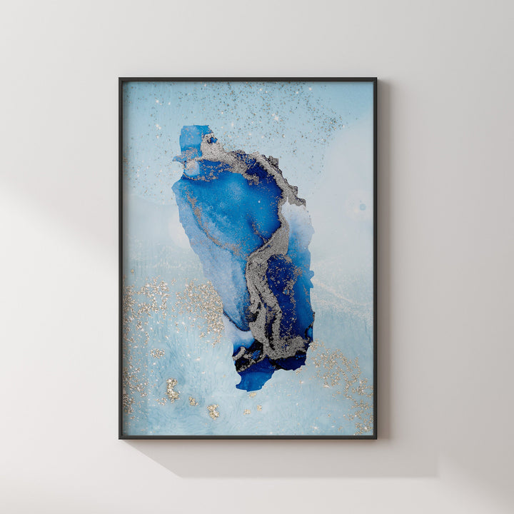 Dominica Map Shades of Blue & Silver Wall Art Print