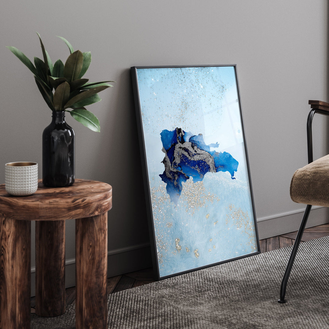 Dominican Republic Map Shades of Blue & Silver Wall Art Print