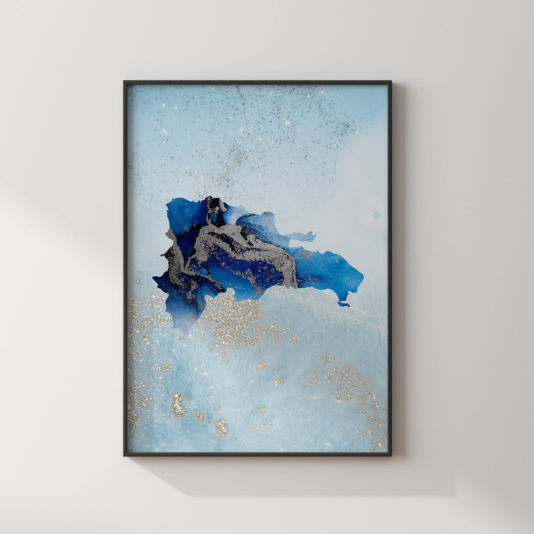 Dominican Republic Map Shades of Blue & Silver Wall Art Print