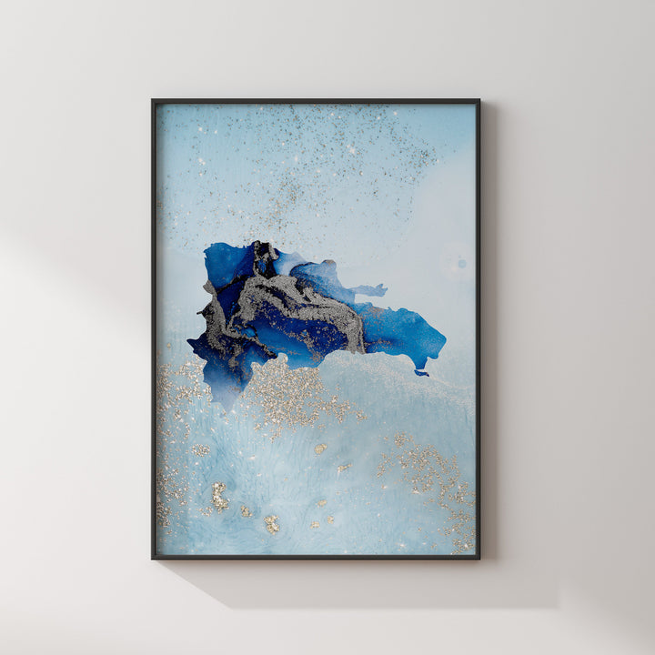Dominican Republic Map Shades of Blue & Silver Wall Art Print