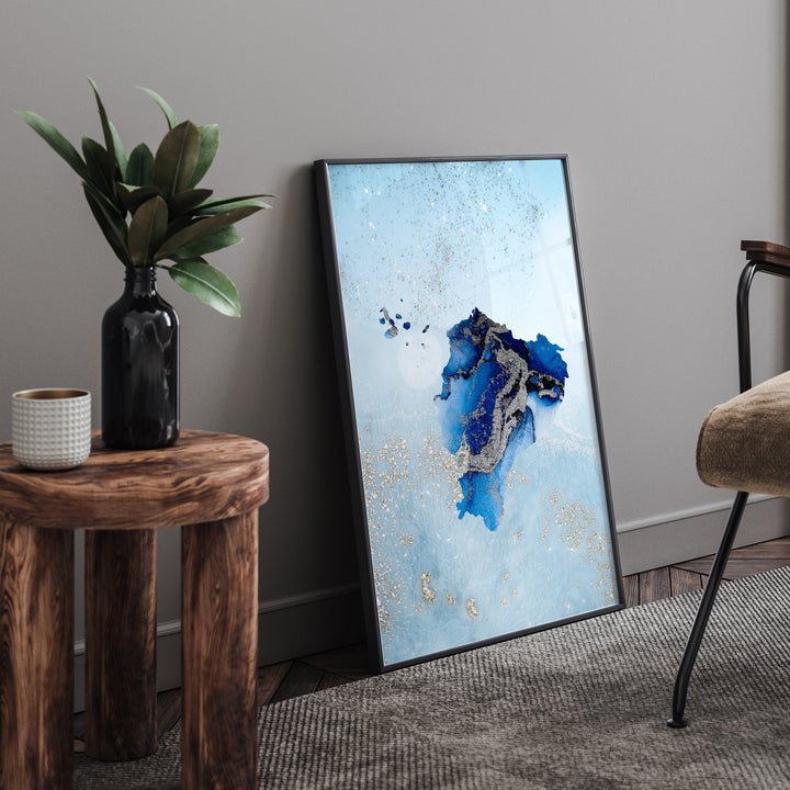 Ecuador Map Shades of Blue & Silver Wall Art Print