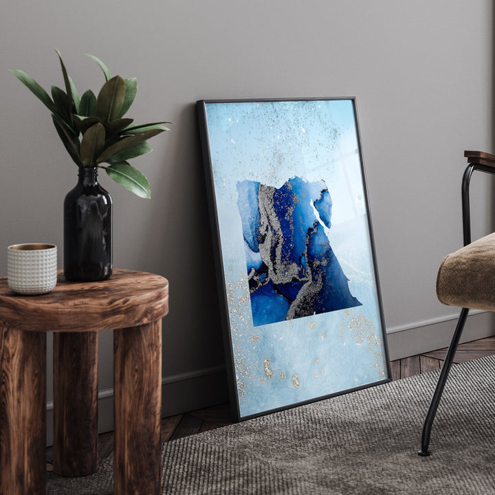 Egypt Map Shades of Blue & Silver Wall Art Print