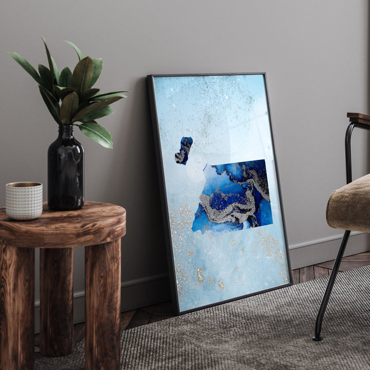 Equatorial Guinea Map Shades of Blue & Silver Wall Art Print