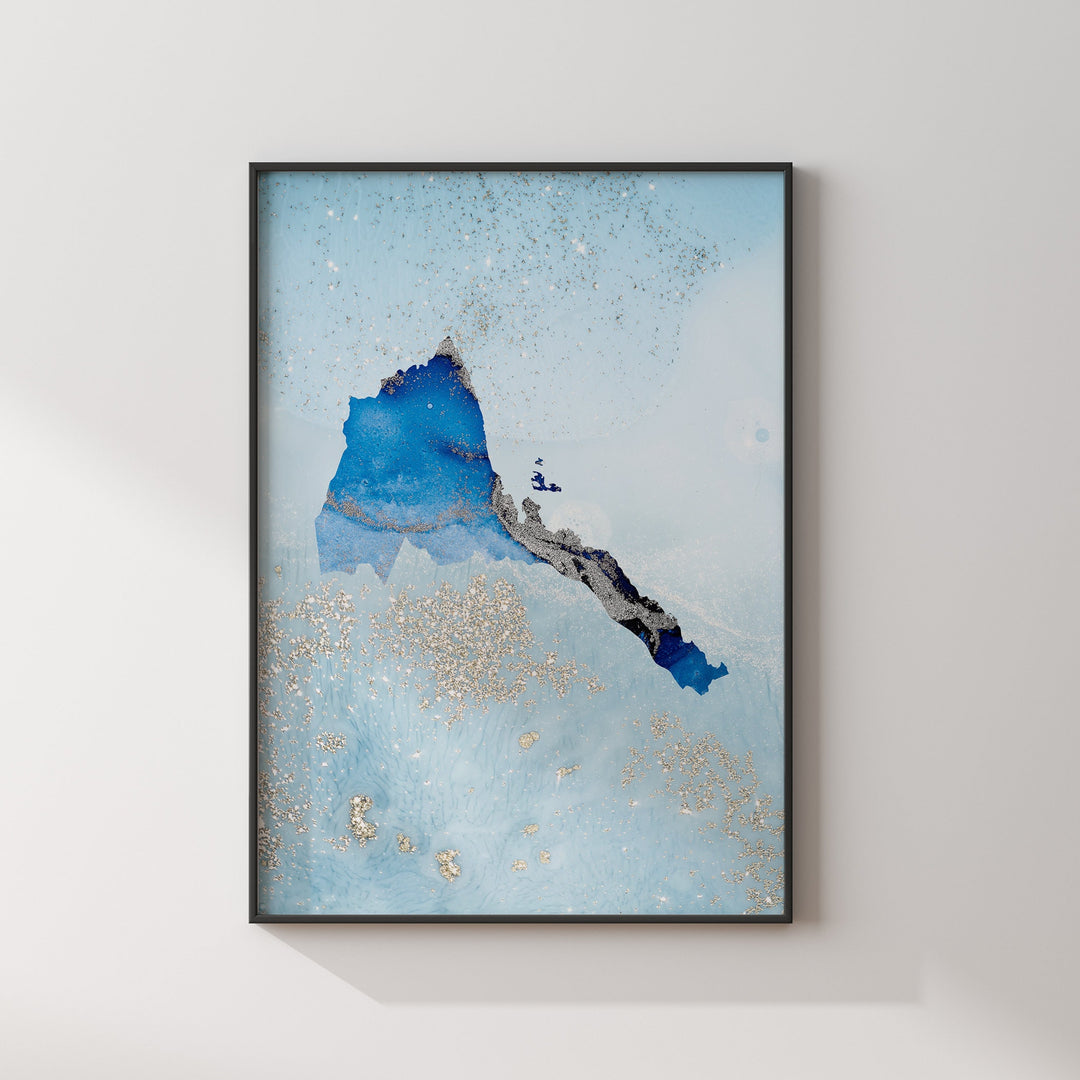 Eritrea Map Shades of Blue & Silver Wall Art Print