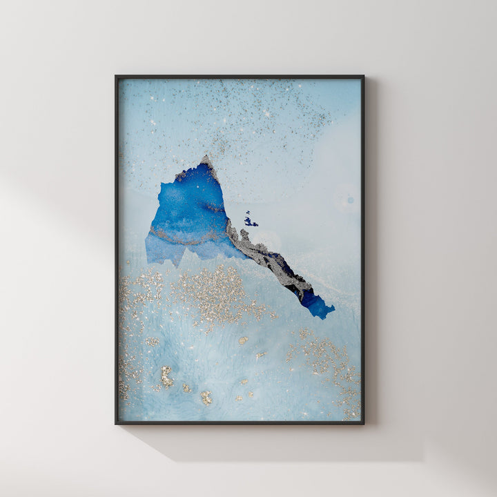 Eritrea Map Shades of Blue & Silver Wall Art Print