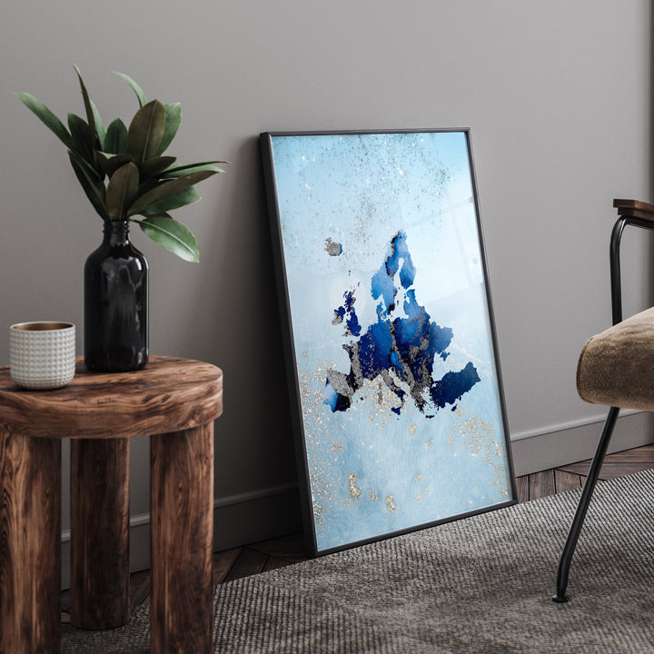 Europe Map Shades of Blue & Silver Wall Art Print