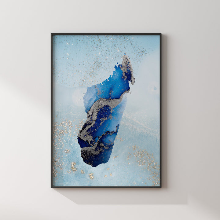 Madagascar Map Shades of Blue & Silver Wall Art Print