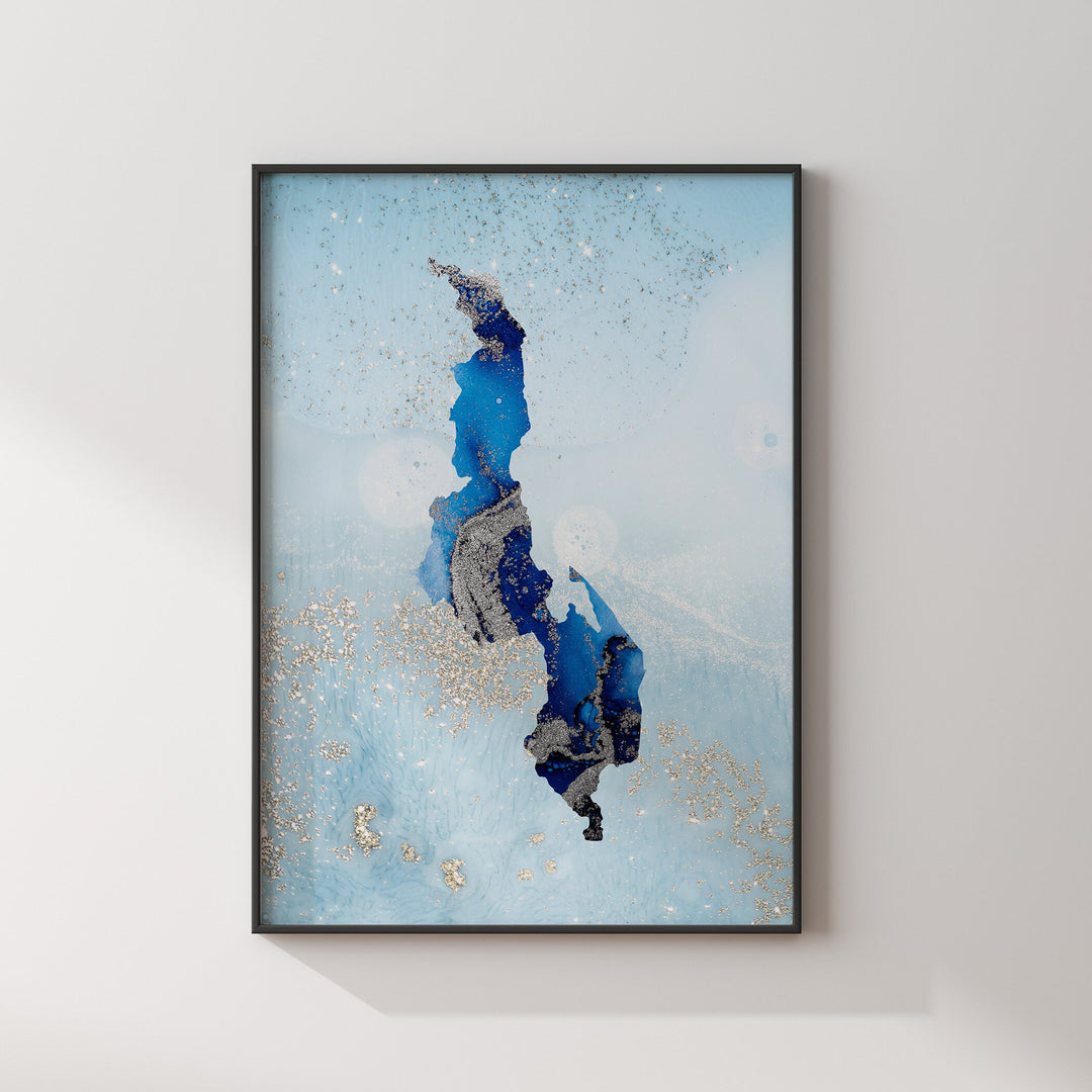 Malawi Map Shades of Blue & Silver Wall Art Print