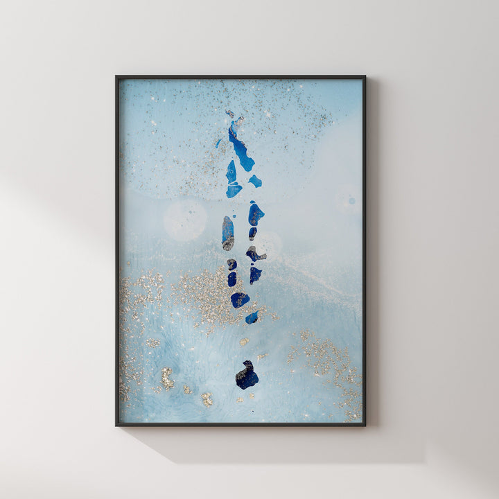 Maldives Map Shades of Blue & Silver Wall Art Print
