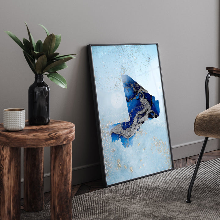 Mali Map Shades of Blue & Silver Wall Art Print