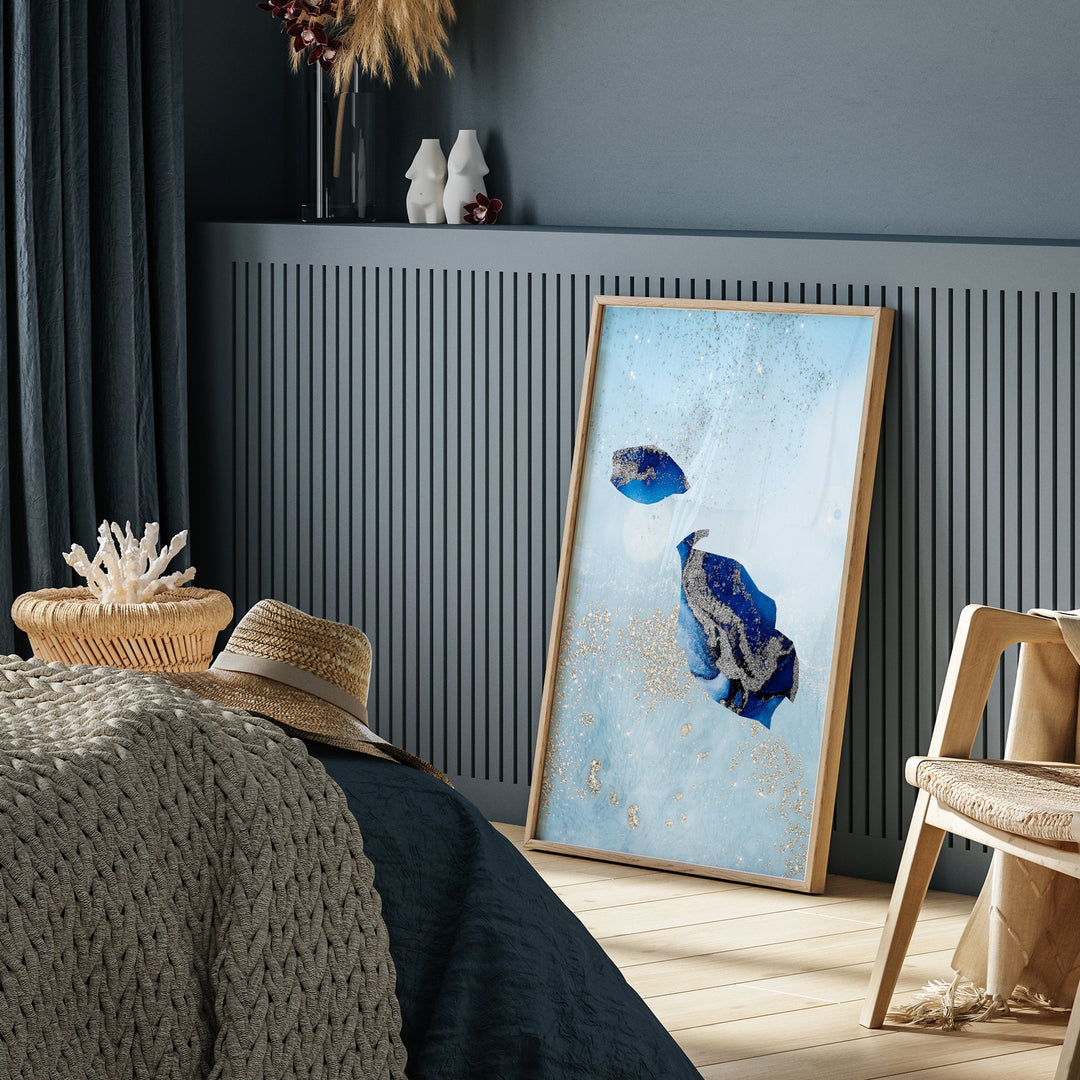 Malta Map Shades of Blue & Silver Wall Art Print