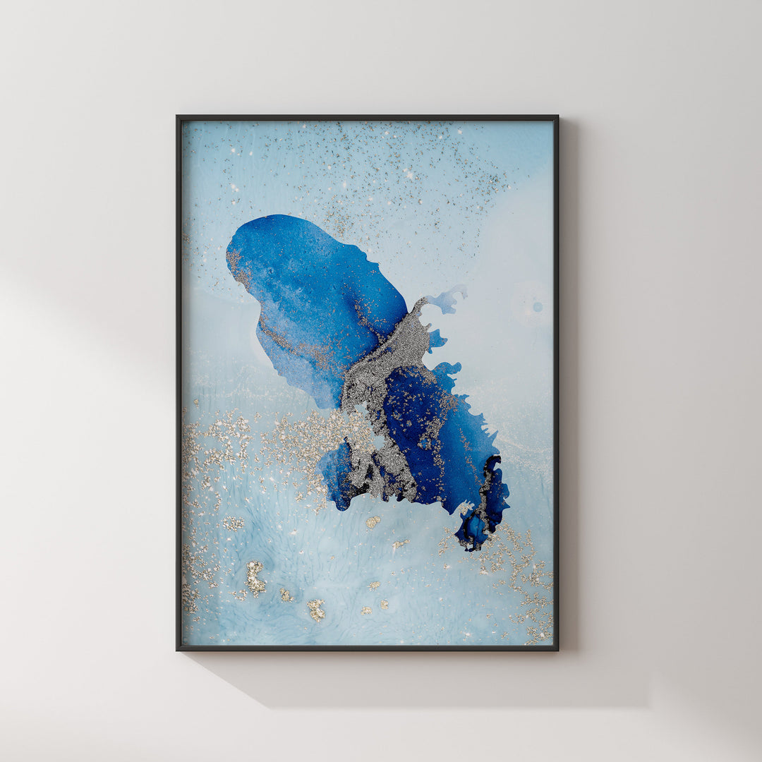 Martinique Map Shades of Blue & Silver Wall Art Print