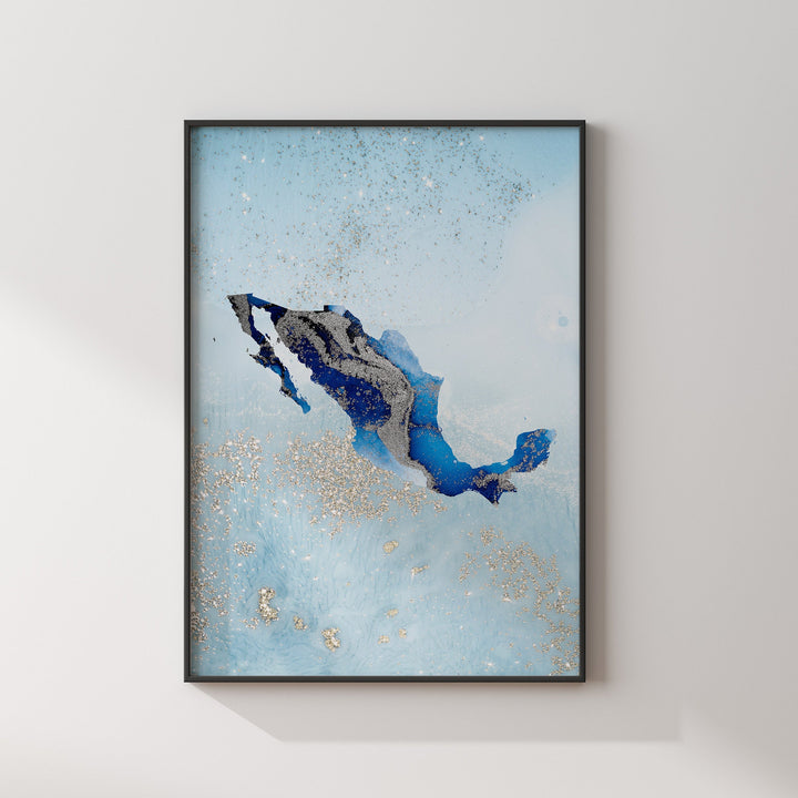 Mexico Map Shades of Blue & Silver Wall Art Print