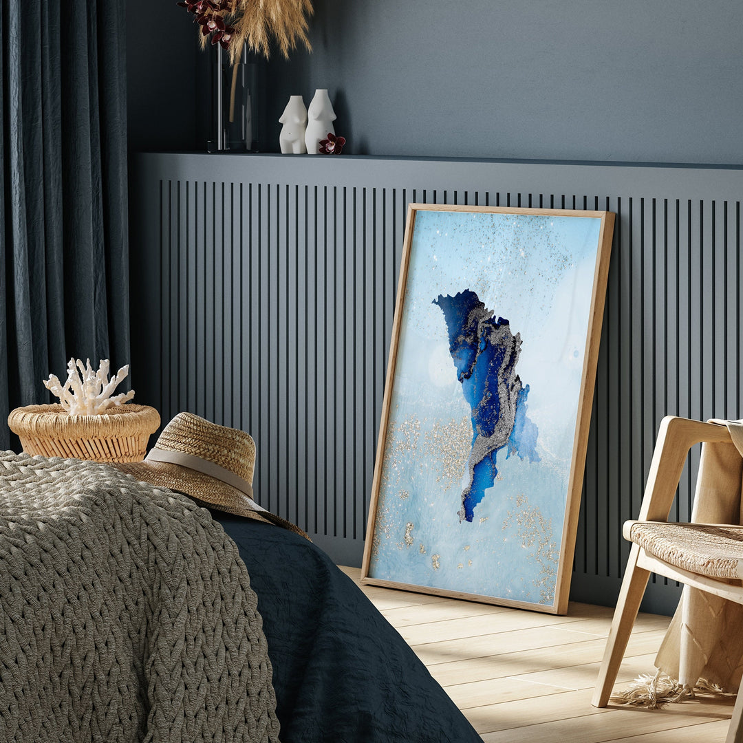 Moldova Map Shades of Blue & Silver Wall Art Print