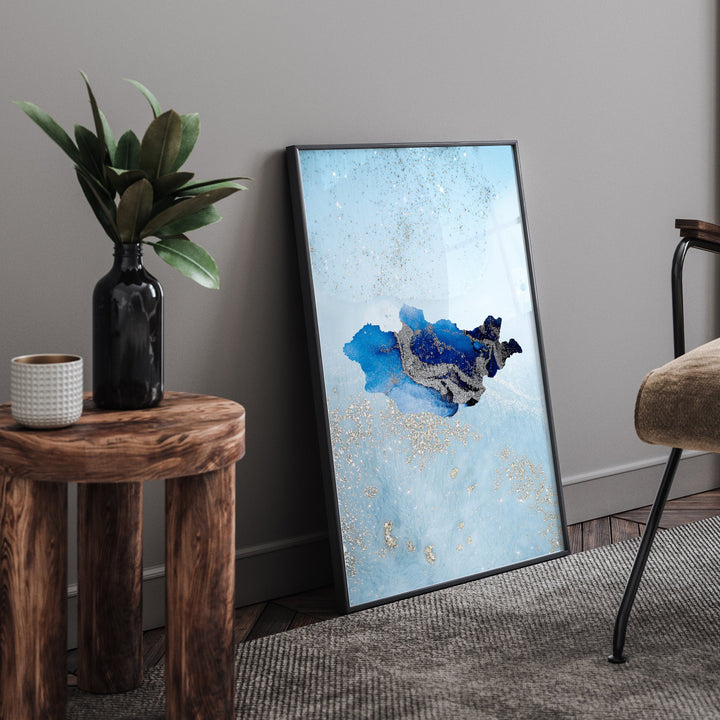 Mongolia Map Shades of Blue & Silver Wall Art Print