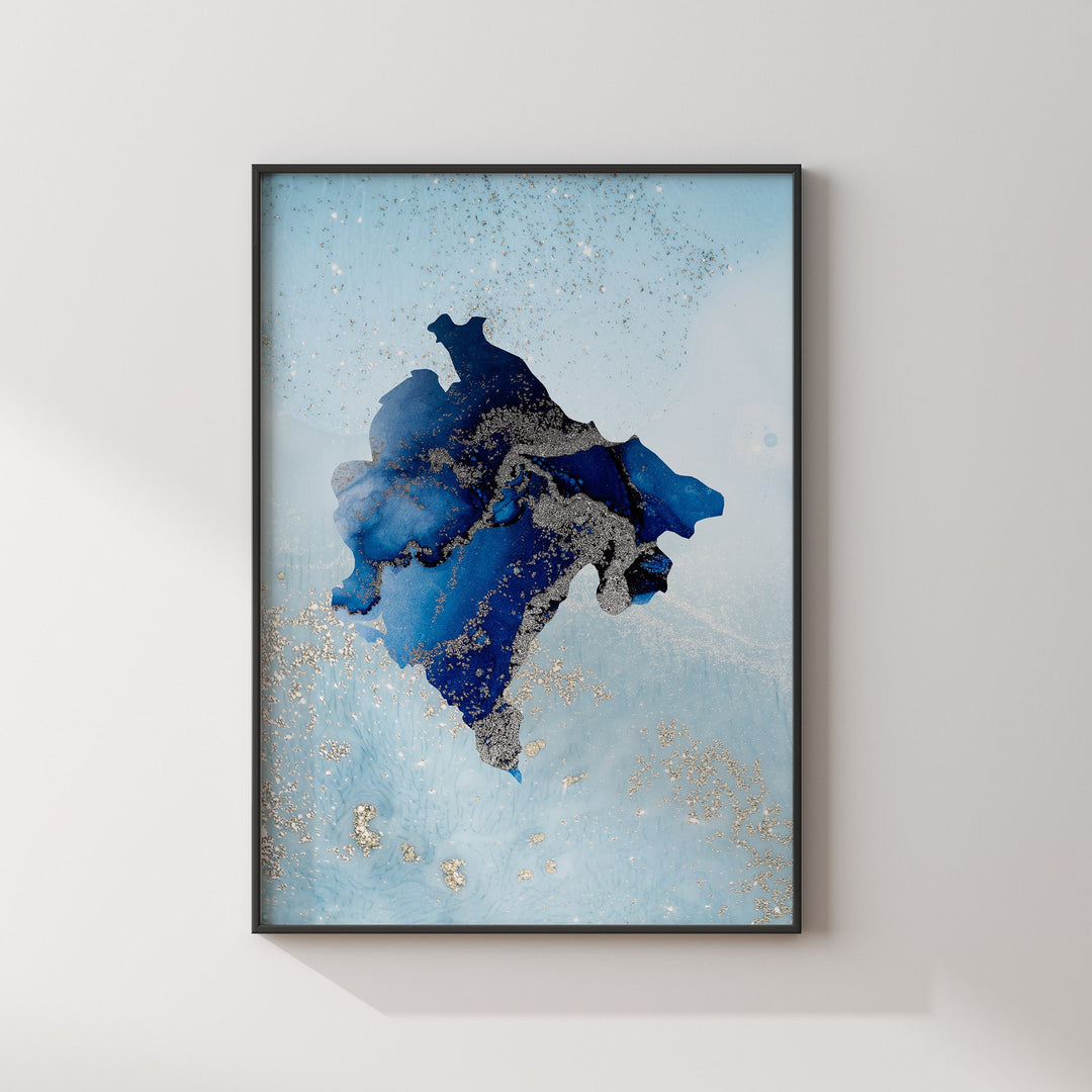Montenegro Map Shades of Blue & Silver Wall Art Print